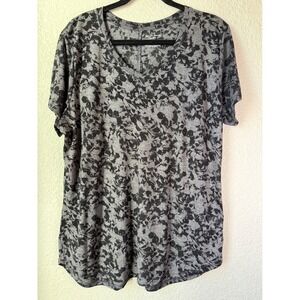 Tek Gear Drytek XL Black Gray Abstract Floral Print V Neck Short Sleeve T Shirt